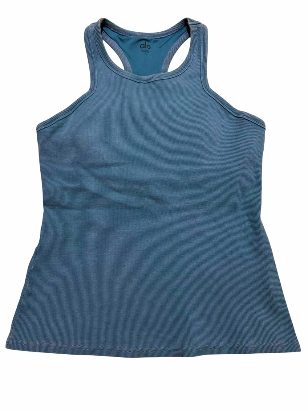 Alo Yoga Racerback Ribbed Tank Top Womens Size Large Teal Blue Built In Bra